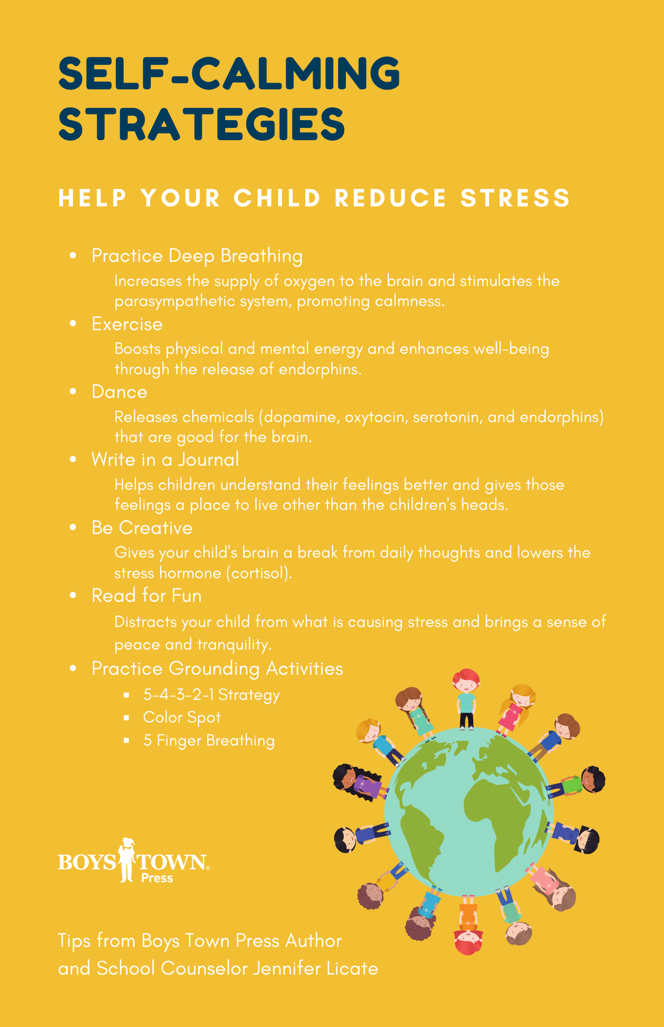 Self-Calming Strategies Image listing self-calming strategies mentioned in the Helping Children Deal with Anxiety blog